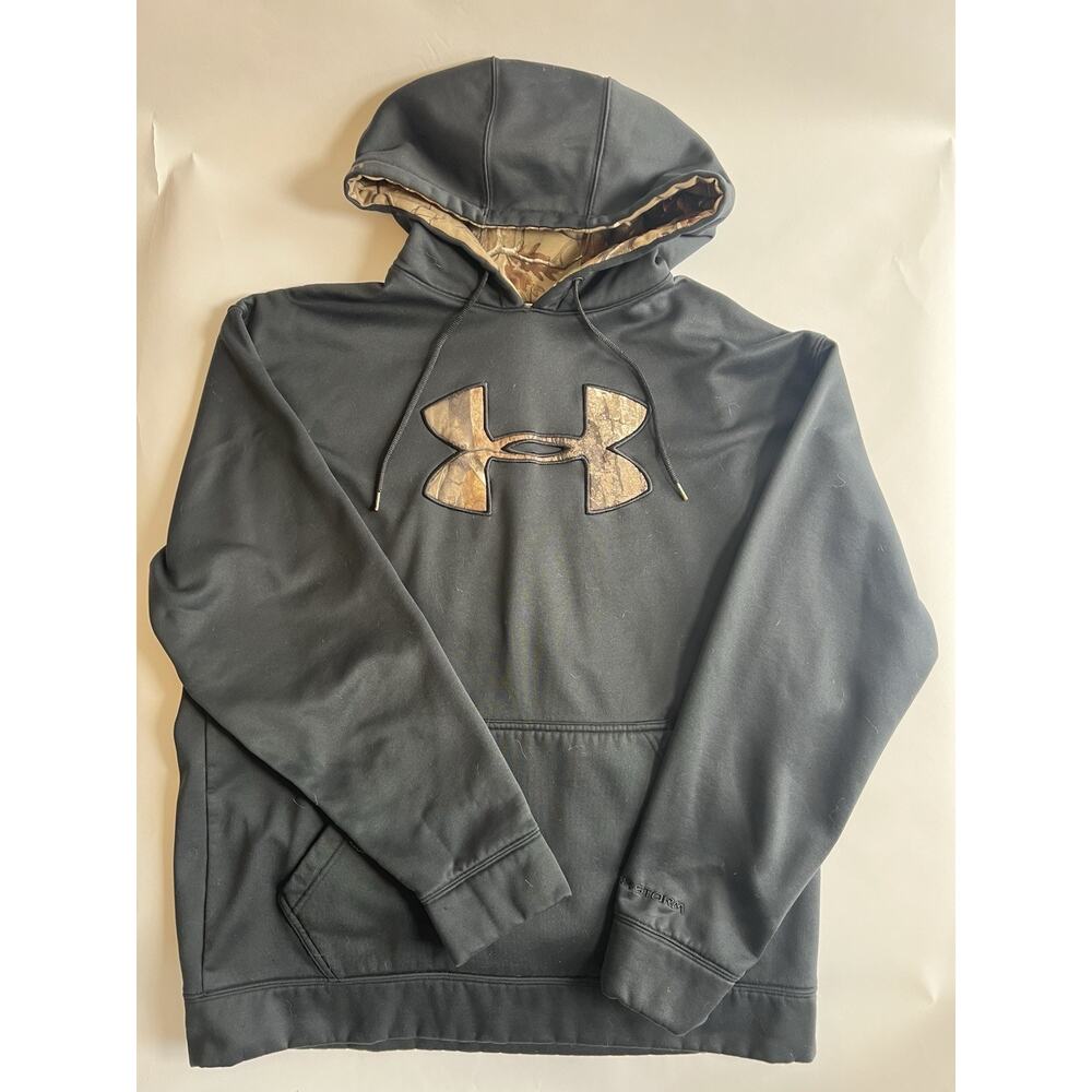 Under Armour Men’s Black Loose Fleece Pullover Hoodie Camo Logo Pockets L